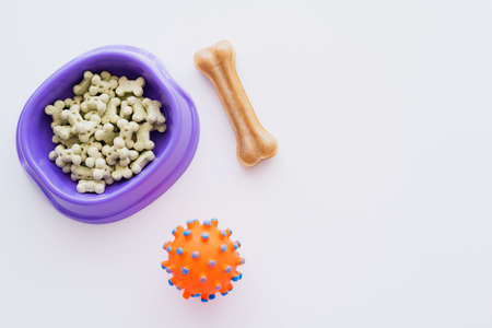 top view of bone shaped pet cookies in purple bowl near rubber ball isolated on whiteの写真素材