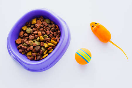 top view of purple plastic bowl with dry pet food near rubber toy mouse and ball isolated on whiteの写真素材