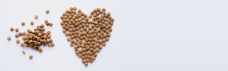 top view of dry pet food in shape of heart isolated on white, bannerの写真素材