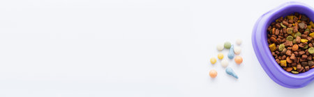 top view of plastic bowl with dry pet food near vitamins in pills isolated on white, bannerの写真素材