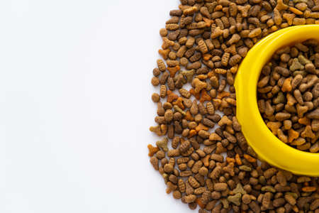 top view of pet food in yellow bowl isolated on white with copy spaceの写真素材
