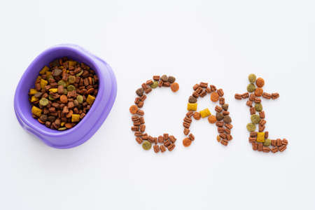 top view of cat word made of dry pet food near bowl isolated on whiteの写真素材