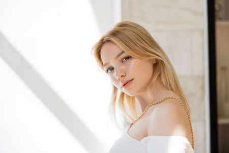 Young woman with glitter visage looking at camera at homeの写真素材