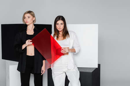 fashionable women holding red glass near black and white cubes isolated on greyの写真素材