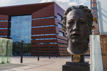 WROCLAW, POLAND - APRIL 18, 2022: Sculpture near National Forum of Music on urban streetのeditorial素材