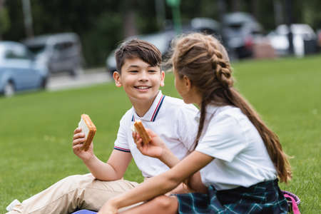 Smiling asian schoolboy holding sandwich near blurred friend on lawn in park