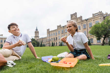 Positive multiethnic kids holding sandwiches near lunchboxes on lawnの写真素材