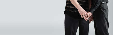 Cropped view of gay couple holding hands isolated on grey, bannerの写真素材