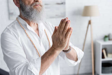 partial view of senior man showing anjali mudra while meditating at home
