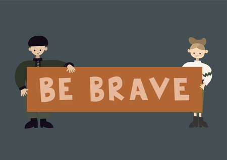 illustration of ukrainian man and woman holding placard with be brave lettering on grey,stock illustrationのイラスト素材