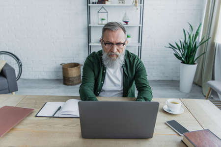 pensive and bearded senior man in eyeglasses using laptop while working from homeの写真素材