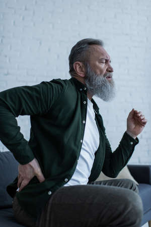 bearded senior man with beard sitting on couch and touching back while suffering from pain
