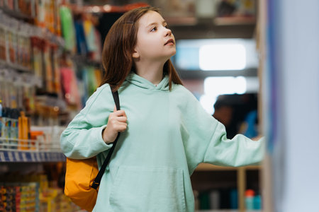 girl with backpack looking away while standing in stationery shopの写真素材