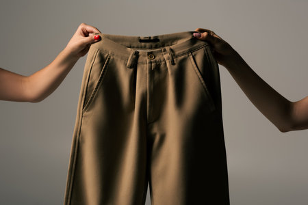 cropped view of women holding recyclable beige trousers isolated on grey