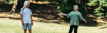 happy senior woman pointing with hand at husband with grey hair in park, banner