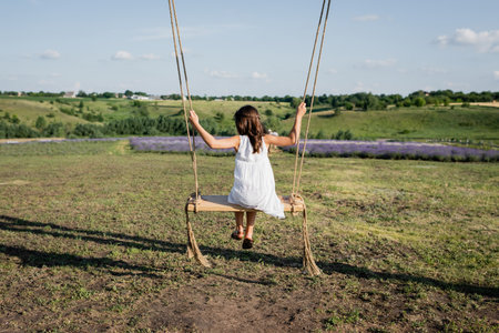 back view of girl riding swing in field on summer dayの写真素材