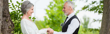 side view of cheerful mature man in formal wear holding hands with smiling bride in wedding dress in...
