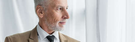 bearded middle aged man in suit with tie looking away near white curtains, bannerの写真素材