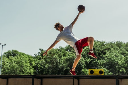 side view of man in sportswear playing basketball near record playerの写真素材