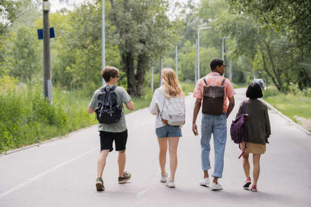 back view of multicultural friends with backpacks walking on countryside roadの写真素材