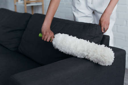 partial view of young woman cleaning couch at home with dust brushの写真素材