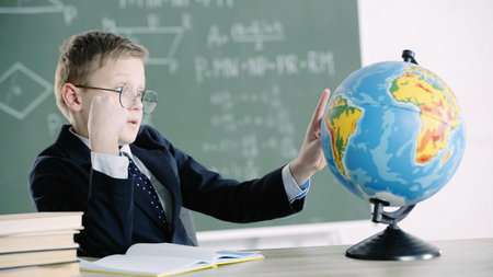 schoolboy in glasses pointing with finger at globe while sitting near books in classroomの写真素材