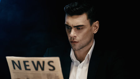 Businessman in suit reading blurred newspaper isolated on blackの写真素材