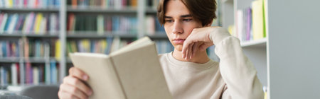concentrated student reading book in library on blurred background, banner