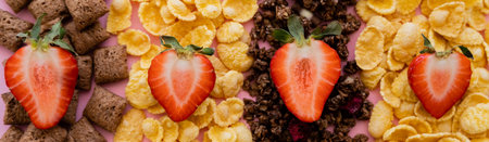 top view of fresh strawberries on assorted breakfast cereals and granola on pink, bannerの写真素材
