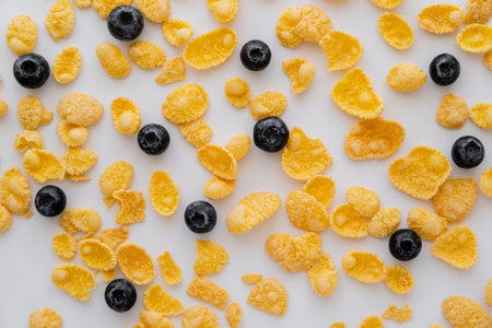 top view of crispy corn flakes near tasty blueberries on white background