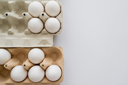 Top view of chicken eggs in trays on white backgroundの写真素材