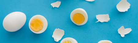 Top view of boiled eggs near while cracked shells on blue background, banner