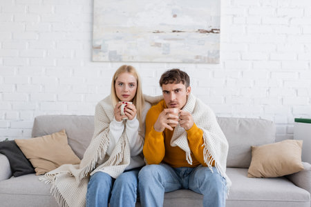 young couple covered in blanket sitting on couch and holding cups of teaの写真素材