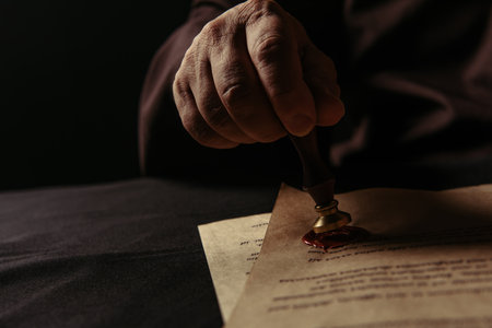 cropped view of abbot holding wax seal near parchment with chronicle isolated on blackの写真素材