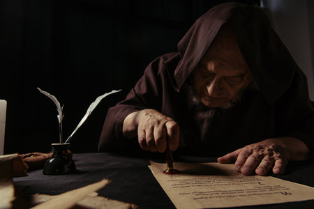 mysterious monk in hood stamping manuscript with wax seal isolated on black