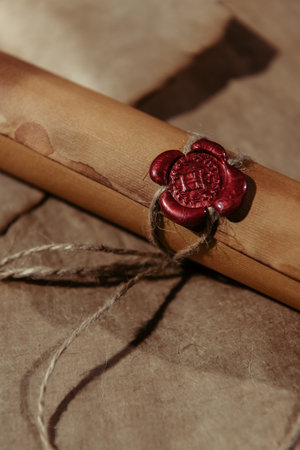 top view of ancient manuscript stamped with wax seal on craft paper surfaceの写真素材