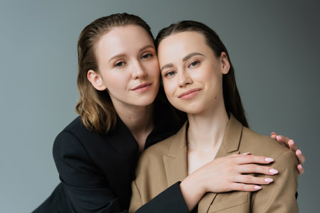 young and pleased lesbian partners in beige and black jackets looking at camera isolated on greyの写真素材
