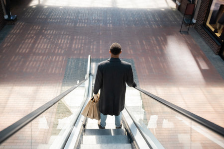 back view of african american man in coat standing with shopping bags on escalator