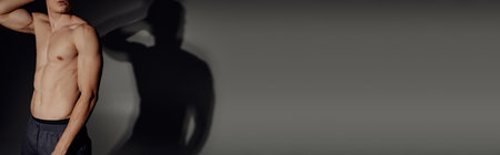 partial view of shirtless man with muscular torso on grey background with black shadow, banner