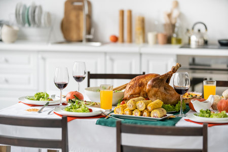 Delicious thanksgiving turkey near drinks and dinner on table