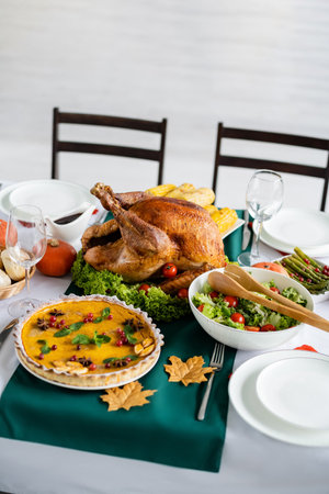 roasted turkey near fresh vegetable salad and pumpkin pie on table served for thanksgiving dinnerの写真素材