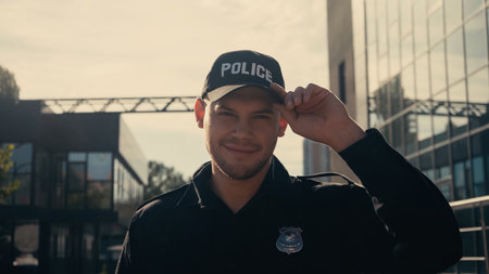 happy young policeman looking at camera and adjusting cap outdoorsの写真素材