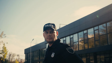 serious policeman standing in cap and uniform while looking at camera near buildingの写真素材