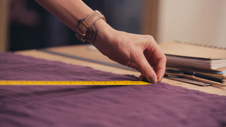 Cropped view of seamstress measuring cloth near notebook on table in atelierの写真素材