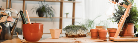 Plants and gardening tools on table at home, banner