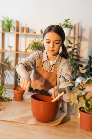 Kid in apron pouring ground in flowerpot near plant and watering can at homeの写真素材