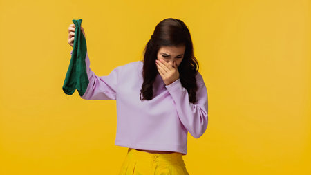 brunette woman in purple sweatshirt plugging nose and holding smelly socks isolated on yellowの写真素材