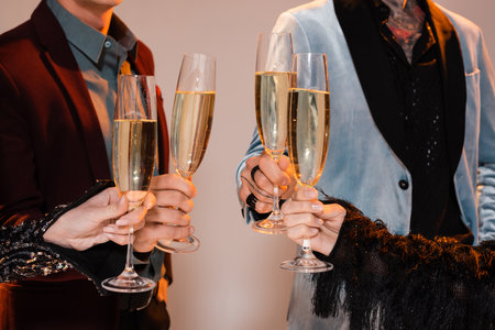 cropped view of people in elegant clothes holding champagne glasses on grey backgroundの写真素材