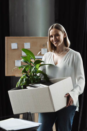 Positive new worker holding carton box with stuff in office