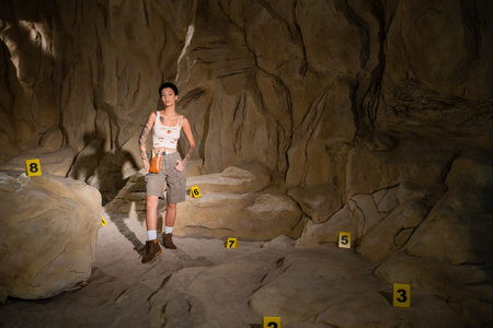 tattooed archaeologist in shorts and tank top standing near numbered marks in caveの写真素材
